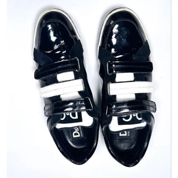 Dolce & Gabbana Mens Shoes Black White Patent Leather Sneakers DU0977Size 44